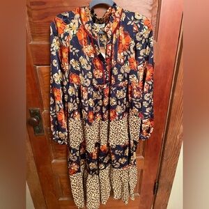 Umgee Bohemian Floral Tiered Long Sleeve Dress in Navy and Orange NWT